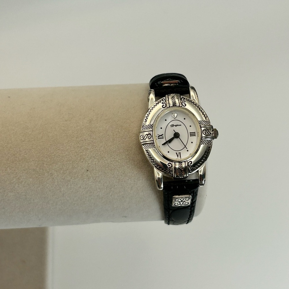 Brighton Moscow Watch Silver Plated Black Leather Band Battery Replaced